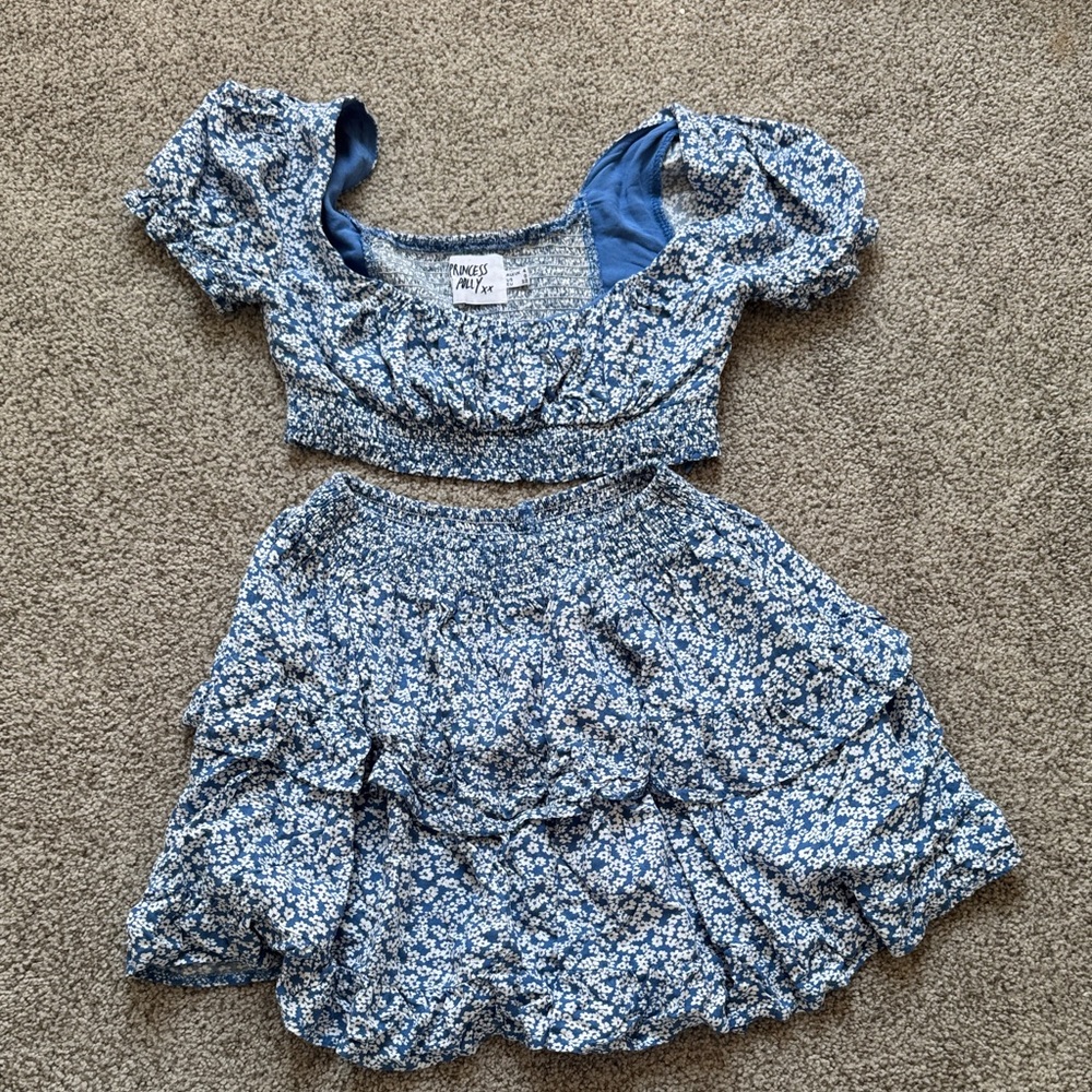 Princess Polly Blue & White Flower Two-Piece Crop Top & Skirt